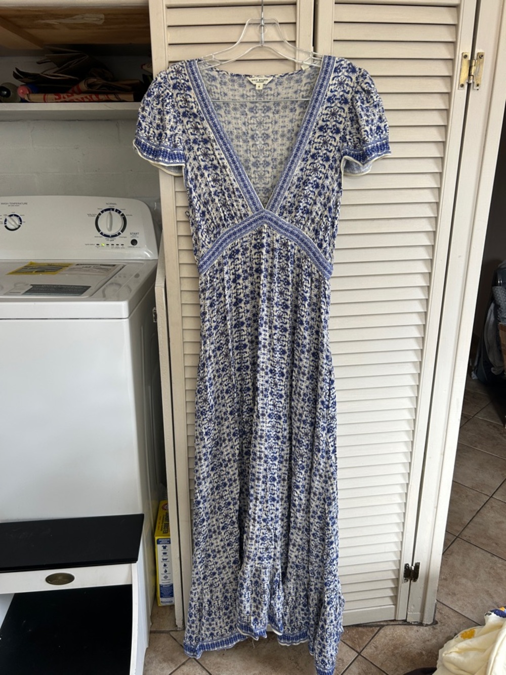 Max studio Blue and White Floral low cut V-Neck Maxi wedding guest Dress